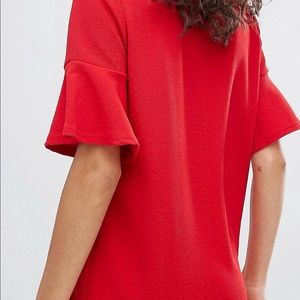 Red T-shirt dress with flounce sleeves